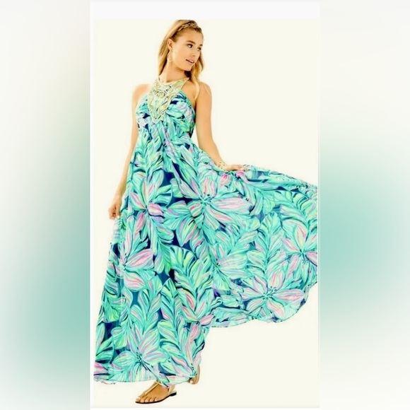 Lilly Pulitzer Lannette Maxi Dress High Tide Dancing Lady Size 10 Gold Beading - Picture 2 of 13